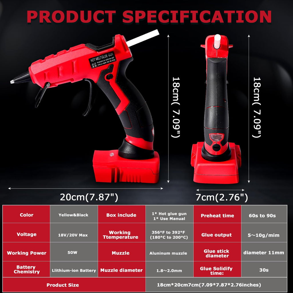 Cordless hot glue gun and its specifications laid out on a black background with a red and black color scheme.