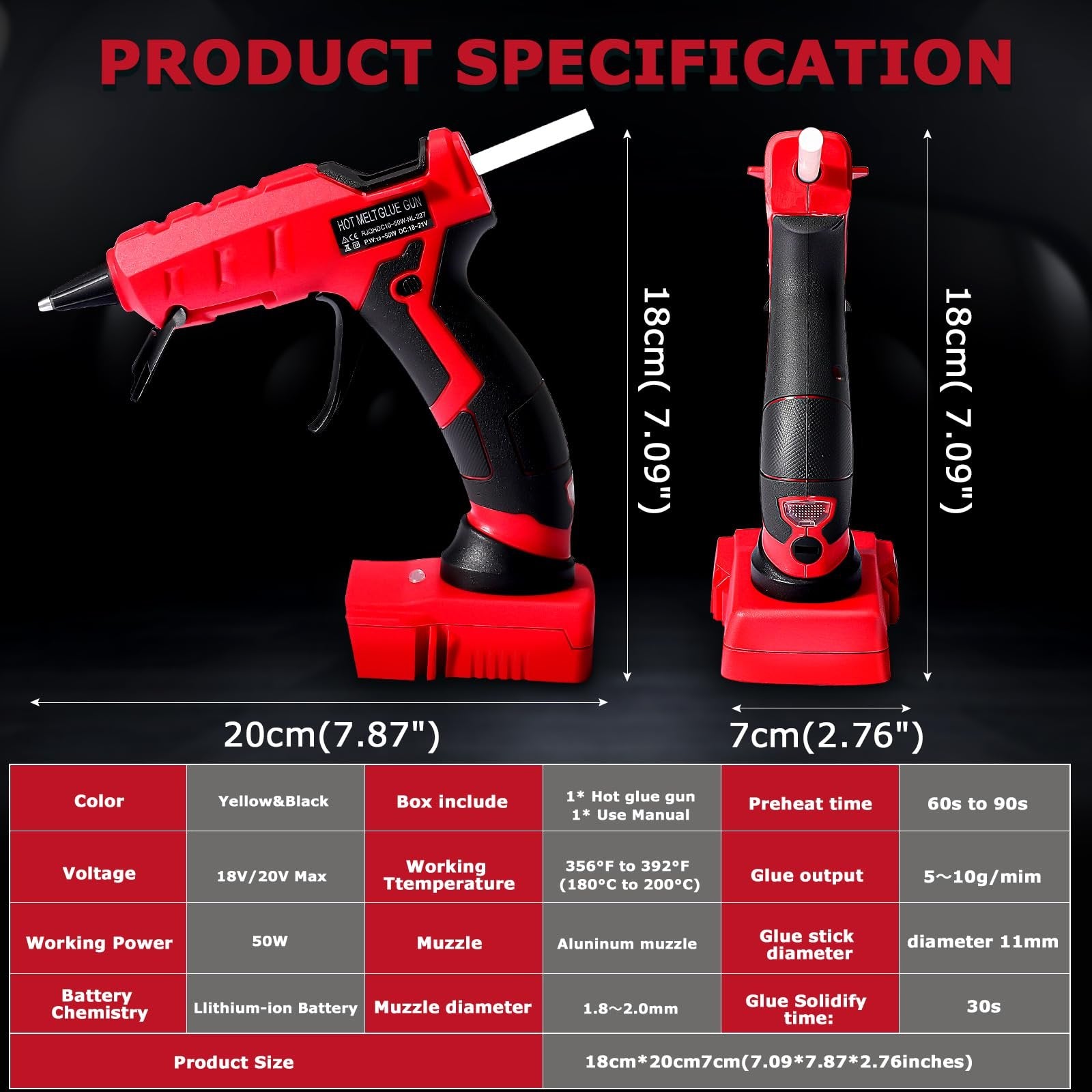 Cordless hot glue gun and its specifications laid out on a black background with a red and black color scheme.