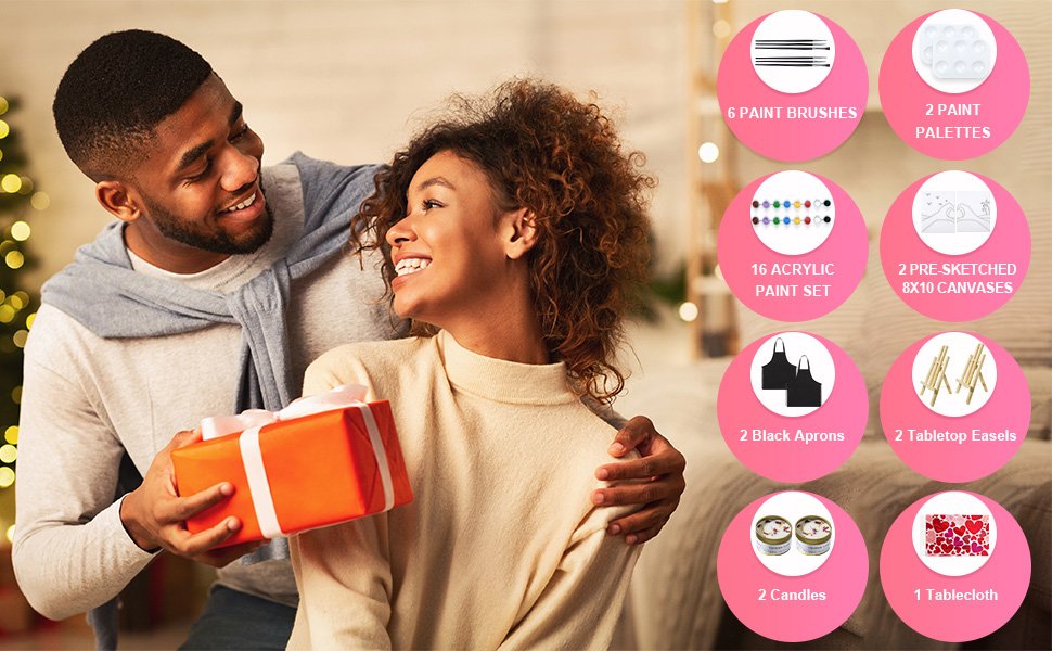 Couple celebrating with a gift, surrounded by icons detailing contents of a painting kit