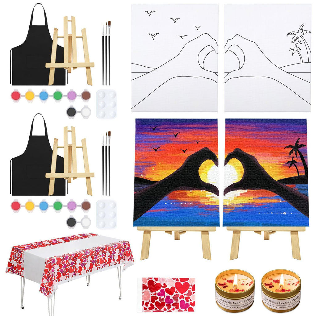 Couples date night painting kit contents including canvases, paints, brushes, easels, aprons, tablecloth, and candles.