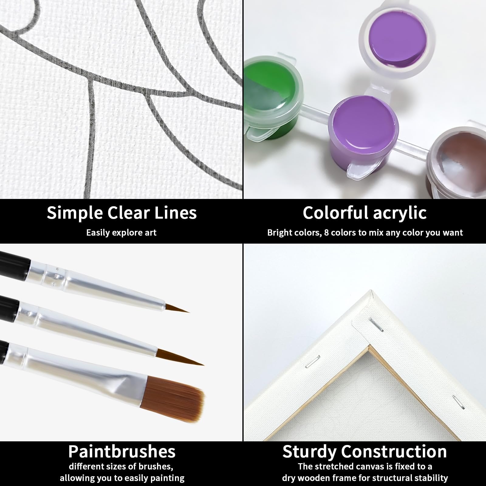 Collage of a paint-by-numbers kit showing canvas lines, acrylic paints, brushes, and canvas construction.
