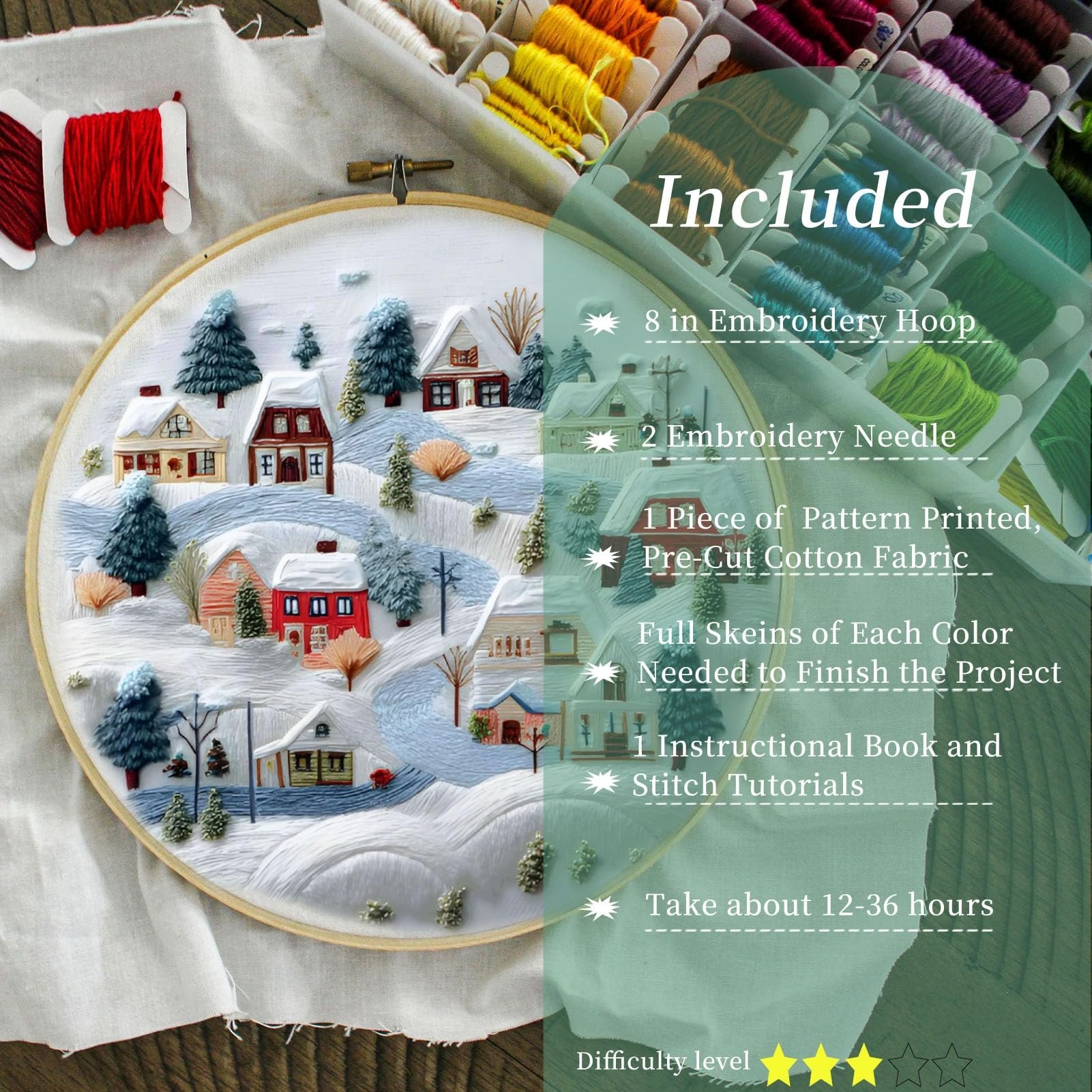 Embroidery hoop with a winter village scene and embroidery supplies, showing included items.