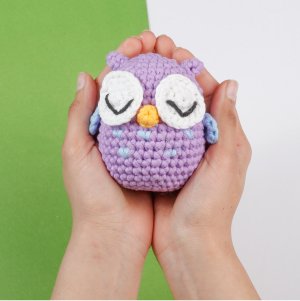 Hands holding a small, crocheted purple owl with closed eyes and light blue wings. The background is split green and white.