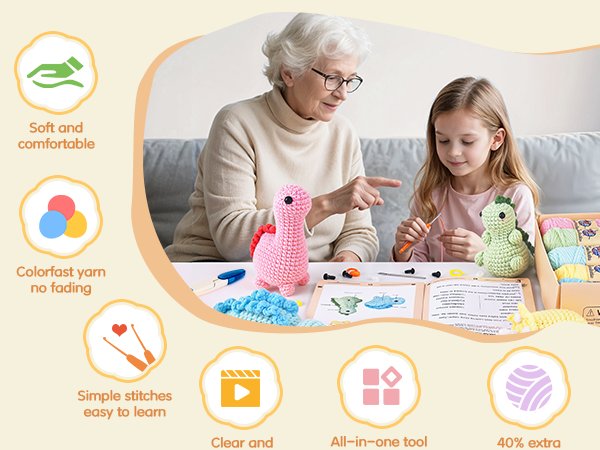 Grandmother and child crocheting dinosaur toys with colorful yarn kit and instructions