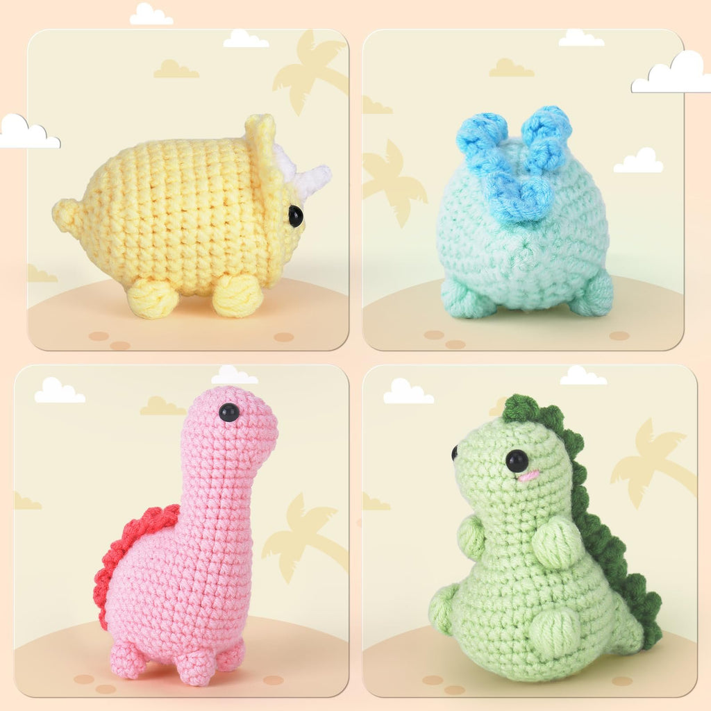 Four crocheted dinosaur toys in yellow, blue, pink, and green, displayed on a light yellow background with palm tree and cloud graphics.