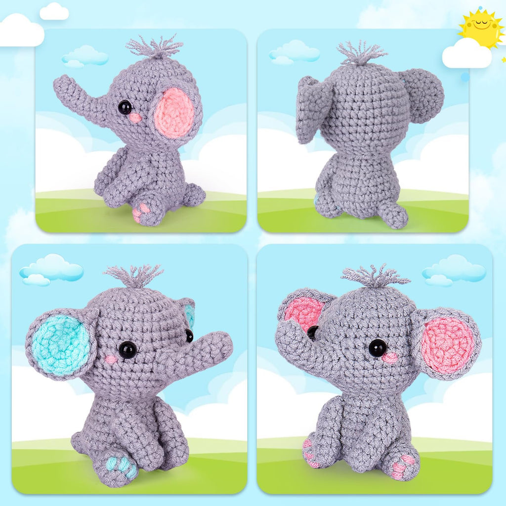 Crocheted elephant toy from a craft kit, shown from multiple angles against a sky and grass background.