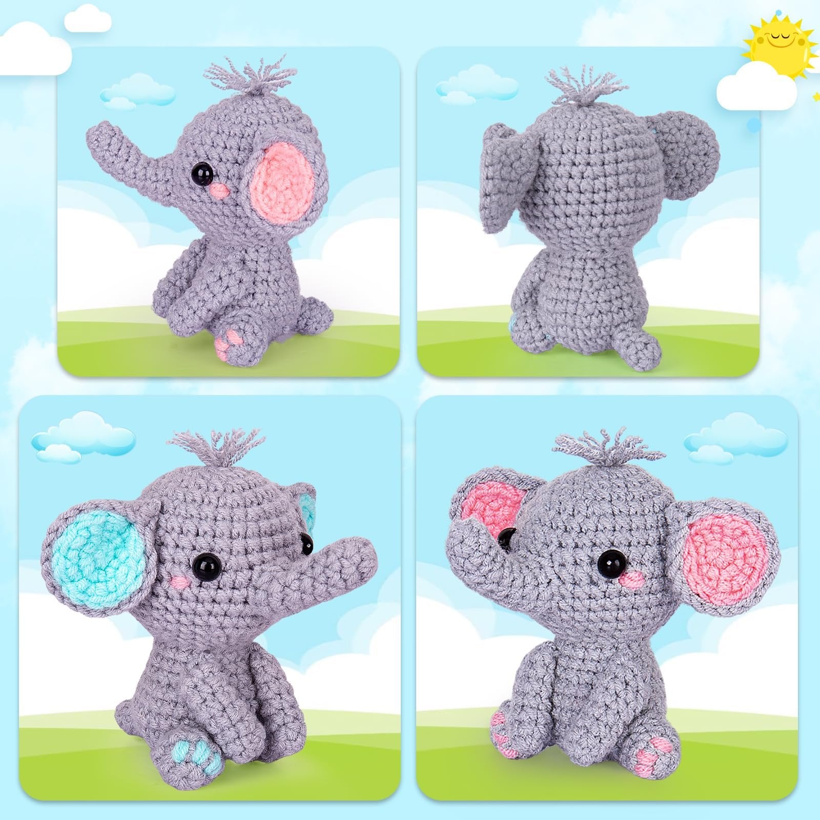 Crocheted elephant toy from a craft kit, shown from multiple angles against a sky and grass background.
