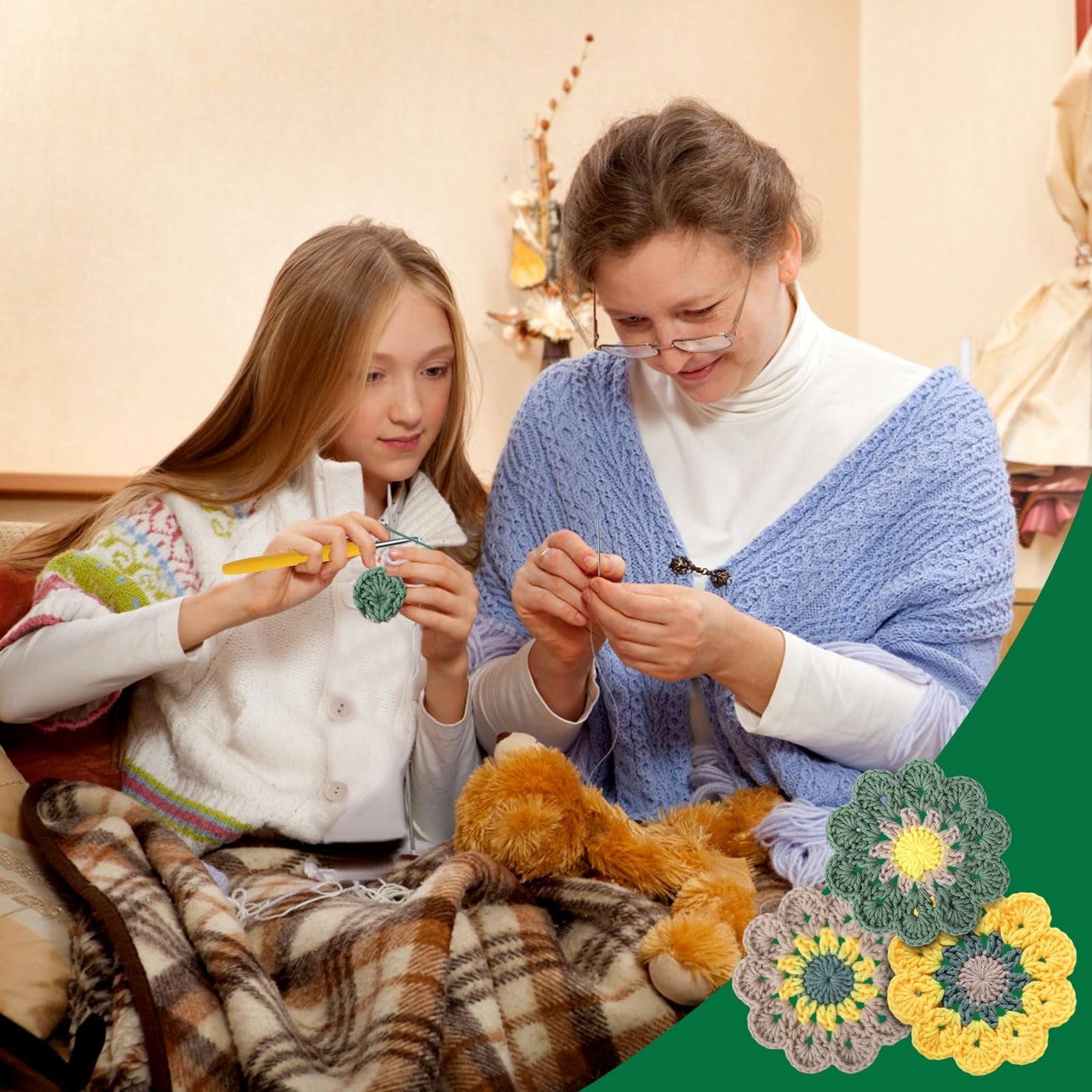 Woman and girl crocheting together on a couch, with finished crochet flowers in the foreground.
