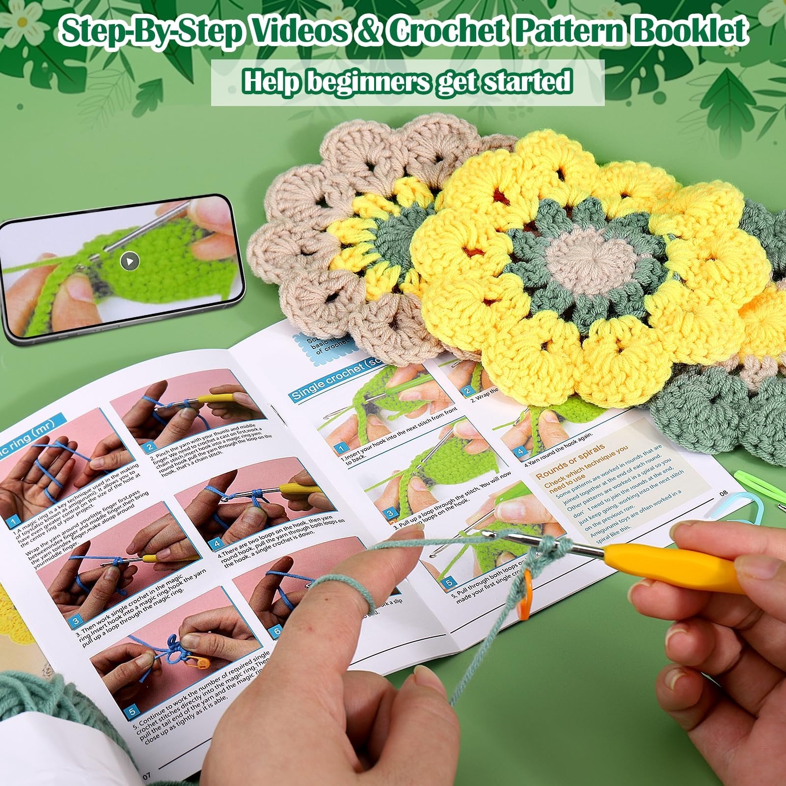 Crochet pattern booklet showing step-by-step instructions for magic ring and single crochet techniques, with finished floral coasters.