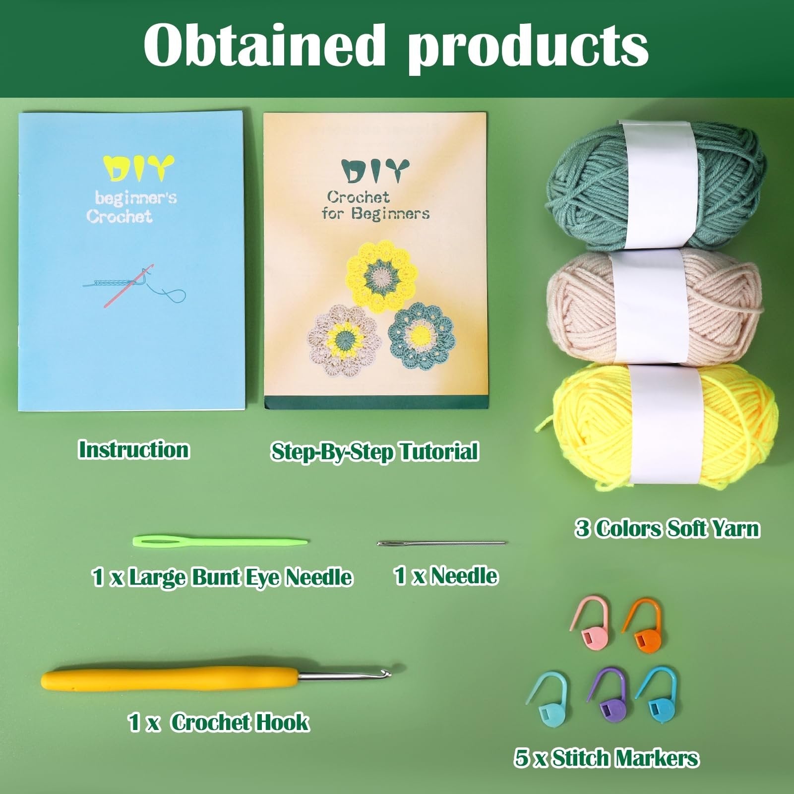 Crochet coaster starter kit contents including yarn, needles, crochet hook, and stitch markers, laid out flat.