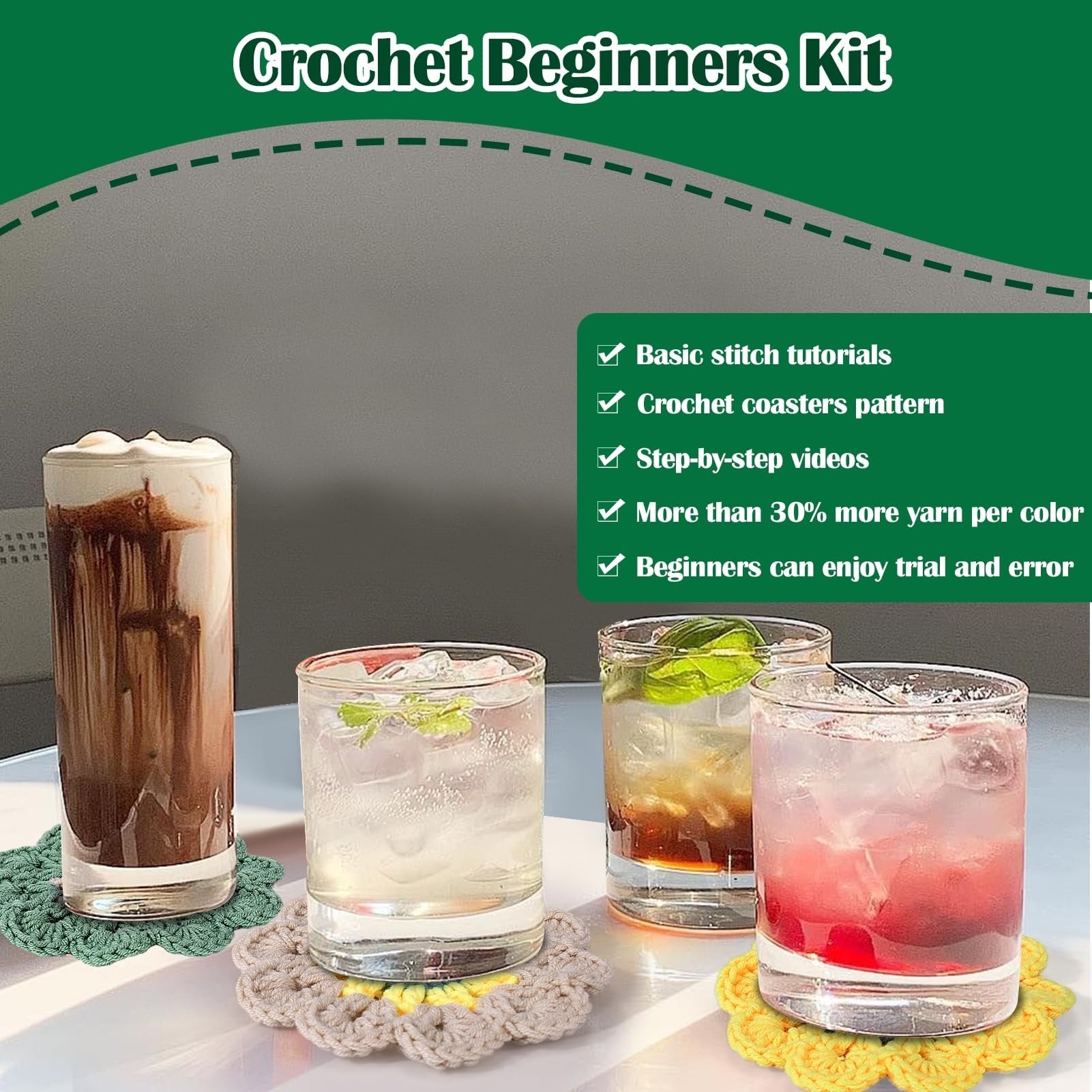Crochet coasters with drinks on a table, featuring a green banner with text about the kit.