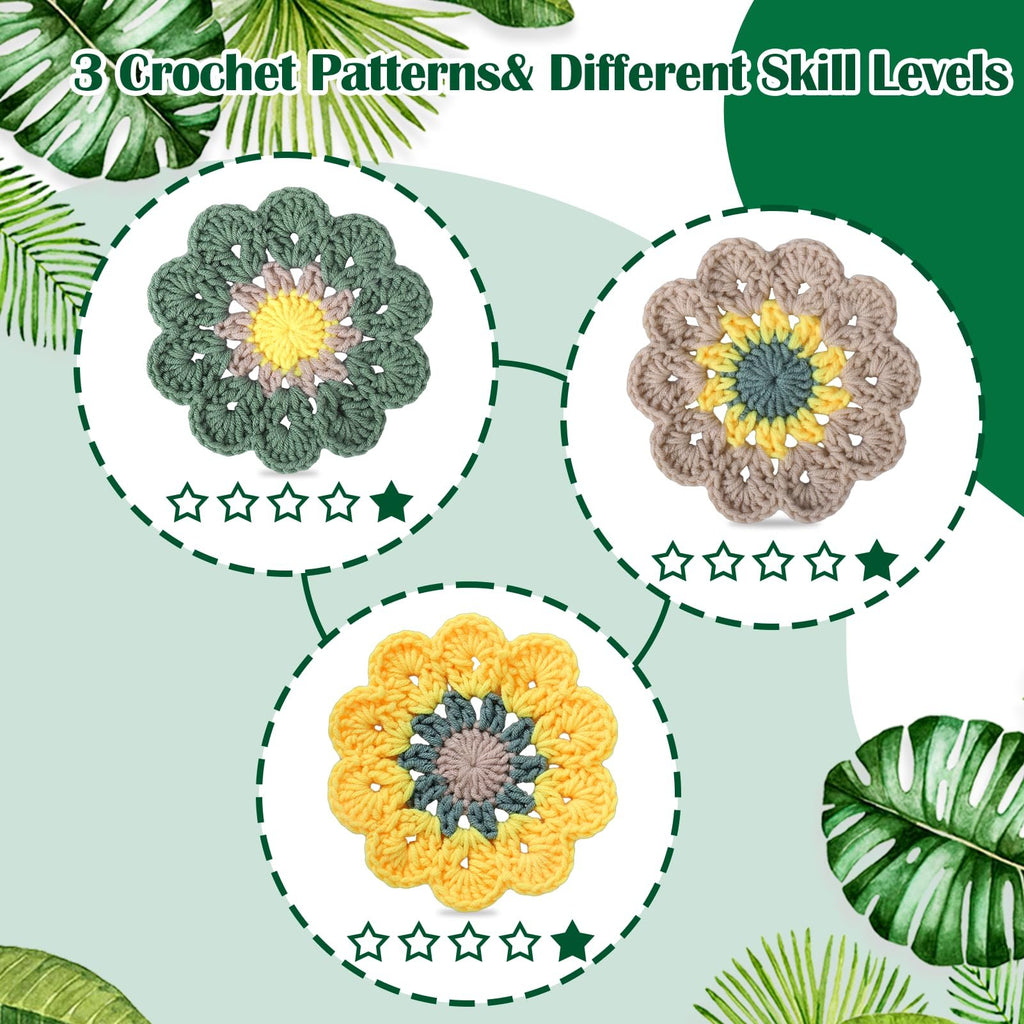Three crocheted flower coasters in green, tan, and yellow colorways, displayed with star ratings.