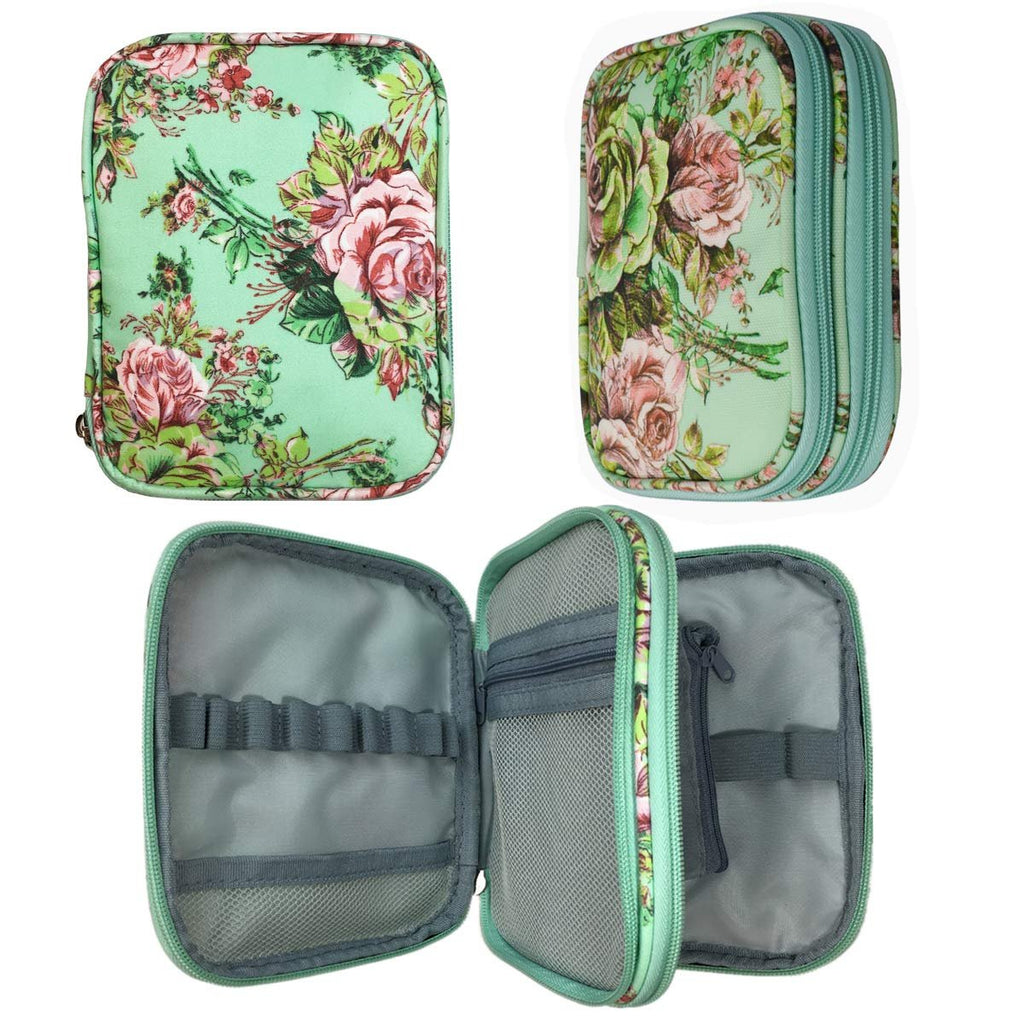 Collage of a floral crochet hook storage case, showing the exterior from two angles and the interior compartments with elastic slots and mesh pockets.