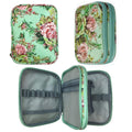 Collage of a floral crochet hook storage case, showing the exterior from two angles and the interior compartments with elastic slots and mesh pockets.