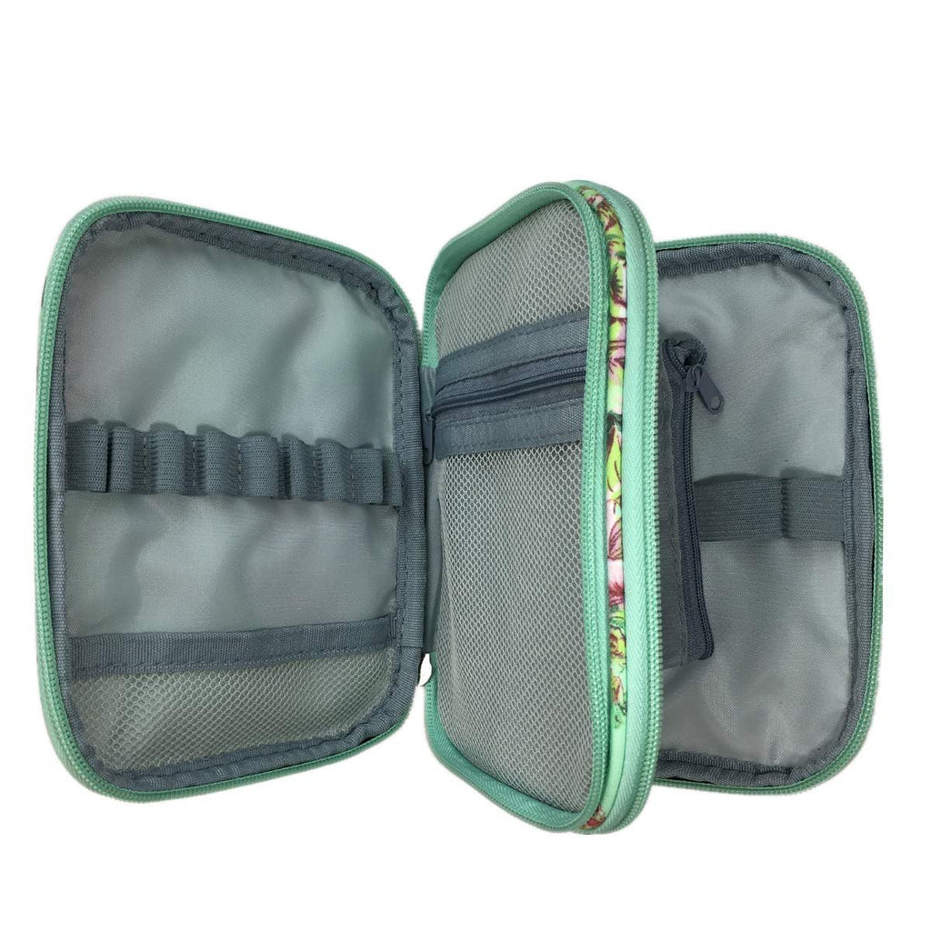 Open crochet hook storage case showing elastic slots and mesh pockets on a white background.