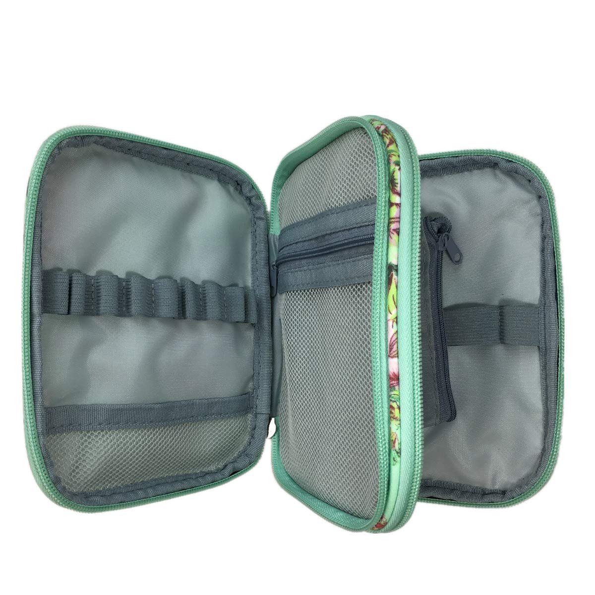 Open crochet hook storage case showing elastic slots and mesh pockets on a white background.