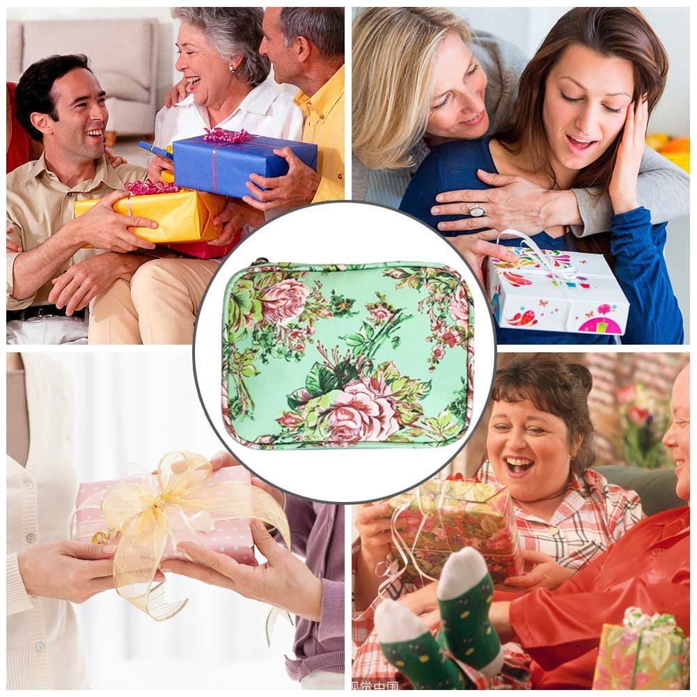 Collage of people receiving and giving gifts, with a floral crochet hook case in the center.