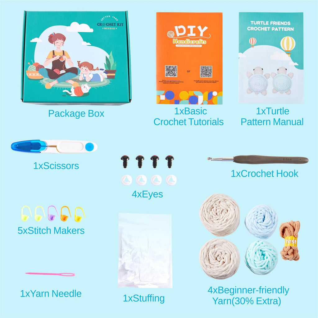 Crochet kit contents laid out, including package box, tutorials, pattern manual, scissors, hook, yarn, stuffing, stitch makers, and eyes.