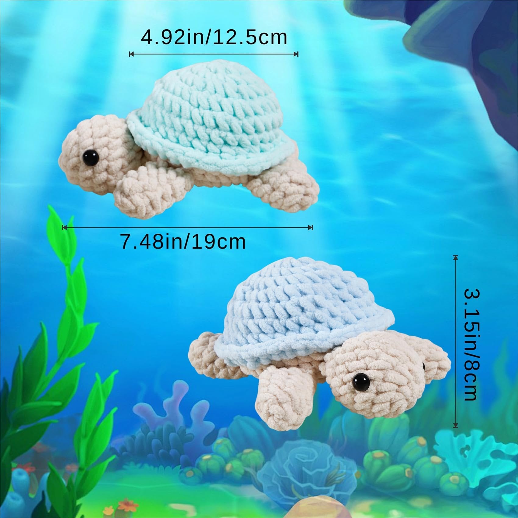 Two crocheted turtles with blue shells and tan bodies against an underwater background, with size dimensions indicated.