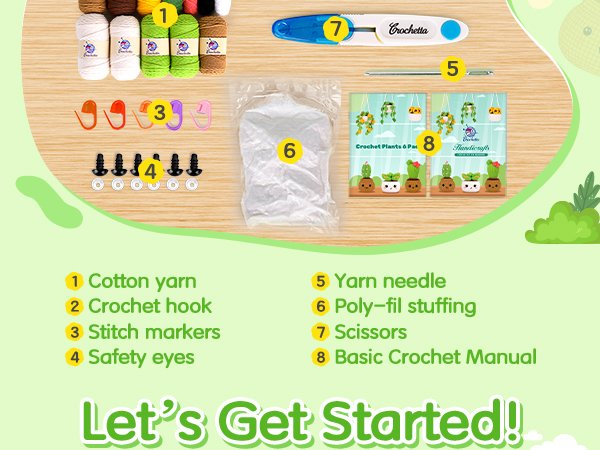 Crochet kit contents including yarn, hooks, stitch markers, safety eyes, stuffing, needle, scissors, and manual.
