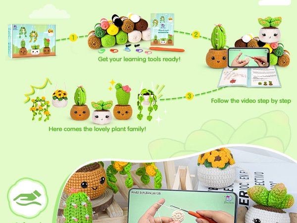 Crochet kit contents and finished potted plant crafts, with video tutorial on phone screen.