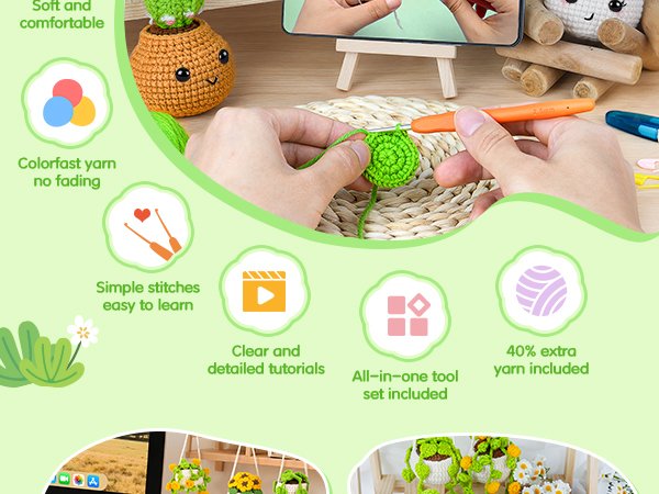 Crochet kit with hands demonstrating how to crochet a green circle, with various feature callouts and finished plant projects.