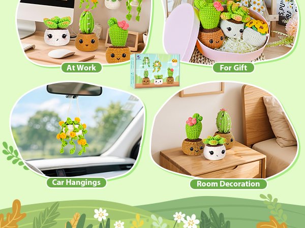 Crochet potted plants displayed in various settings: on a desk, in a gift box, hanging in a car, and on a nightstand.