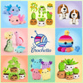 Collage of crocheted toys including axolotls, dinosaurs, potted plants, dogs, and an octopus.