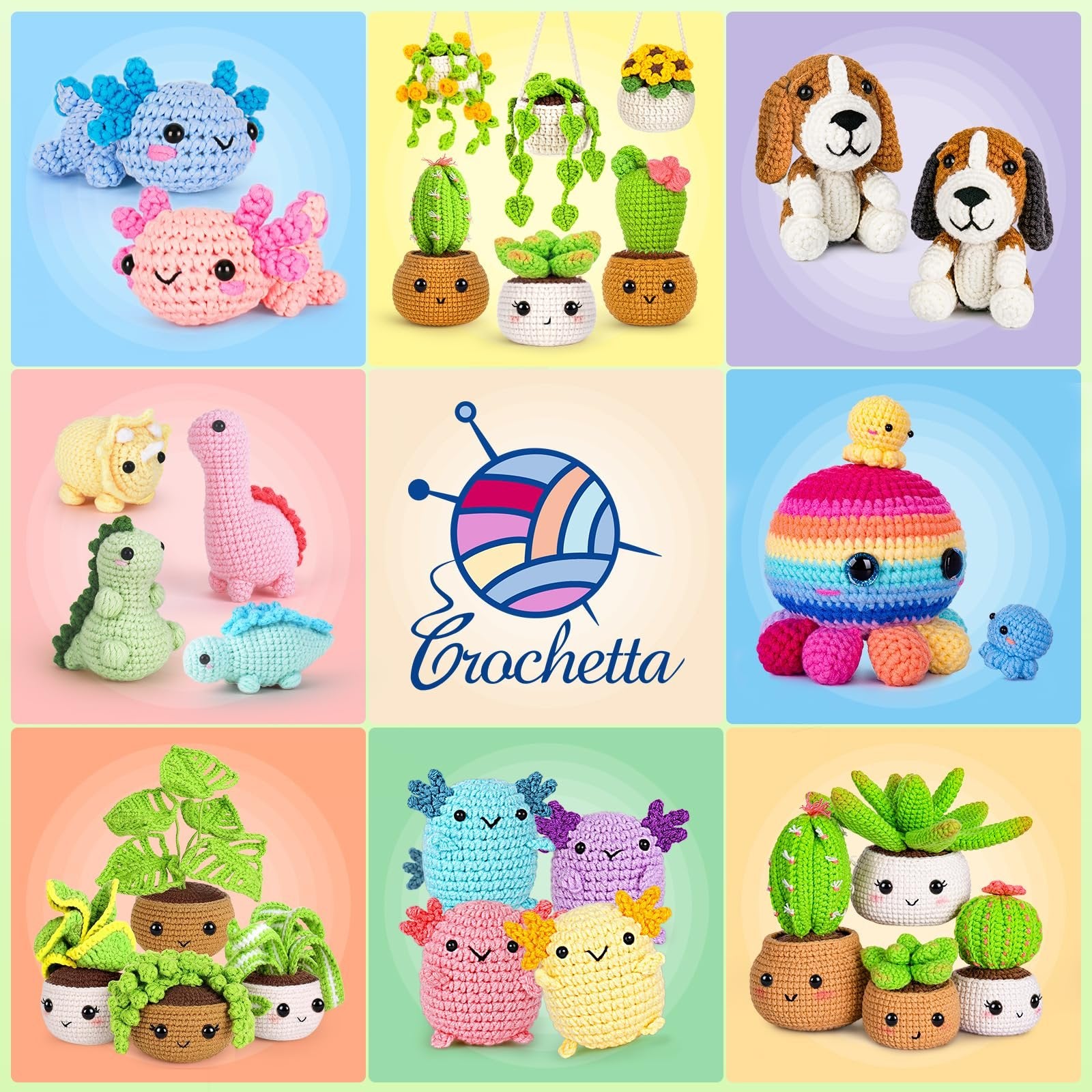 Collage of crocheted toys including axolotls, dinosaurs, potted plants, dogs, and an octopus.