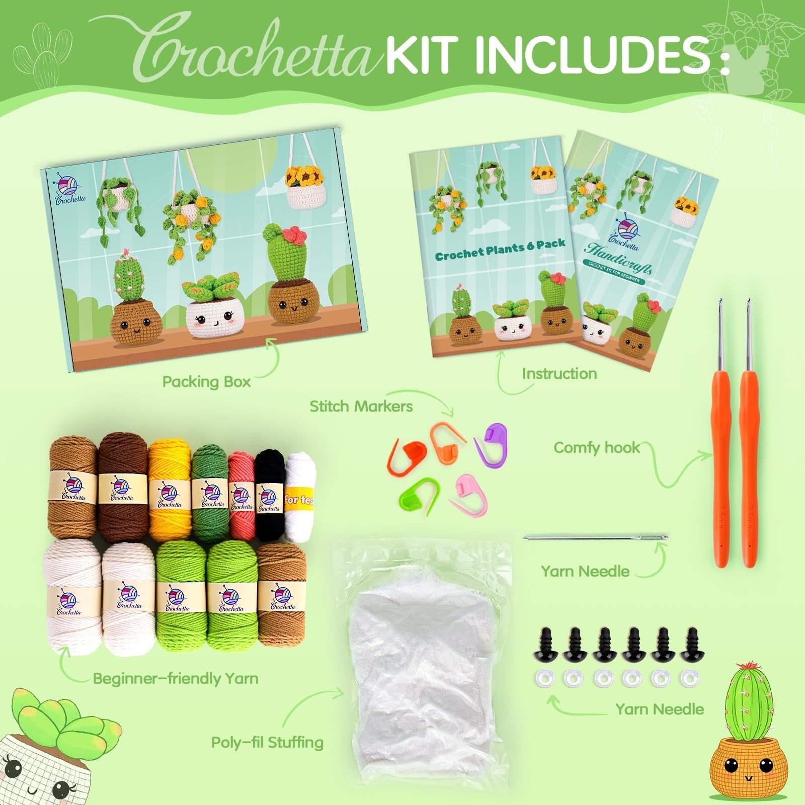 Crochet kit contents including yarn, hooks, stuffing, and instructions for making potted plants.