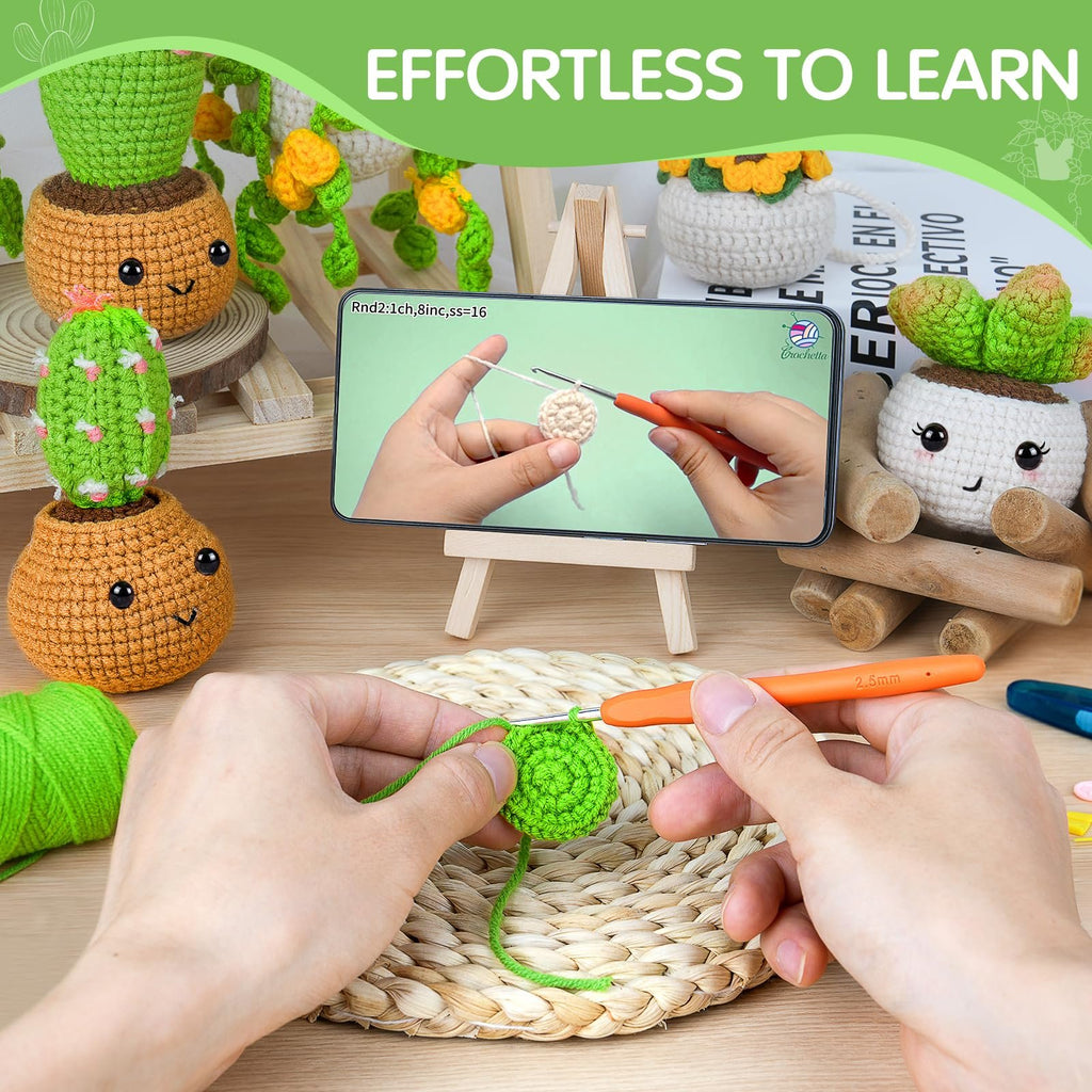 Crochet kit with hands crocheting a green circle, a phone showing a tutorial, and potted plant figures.