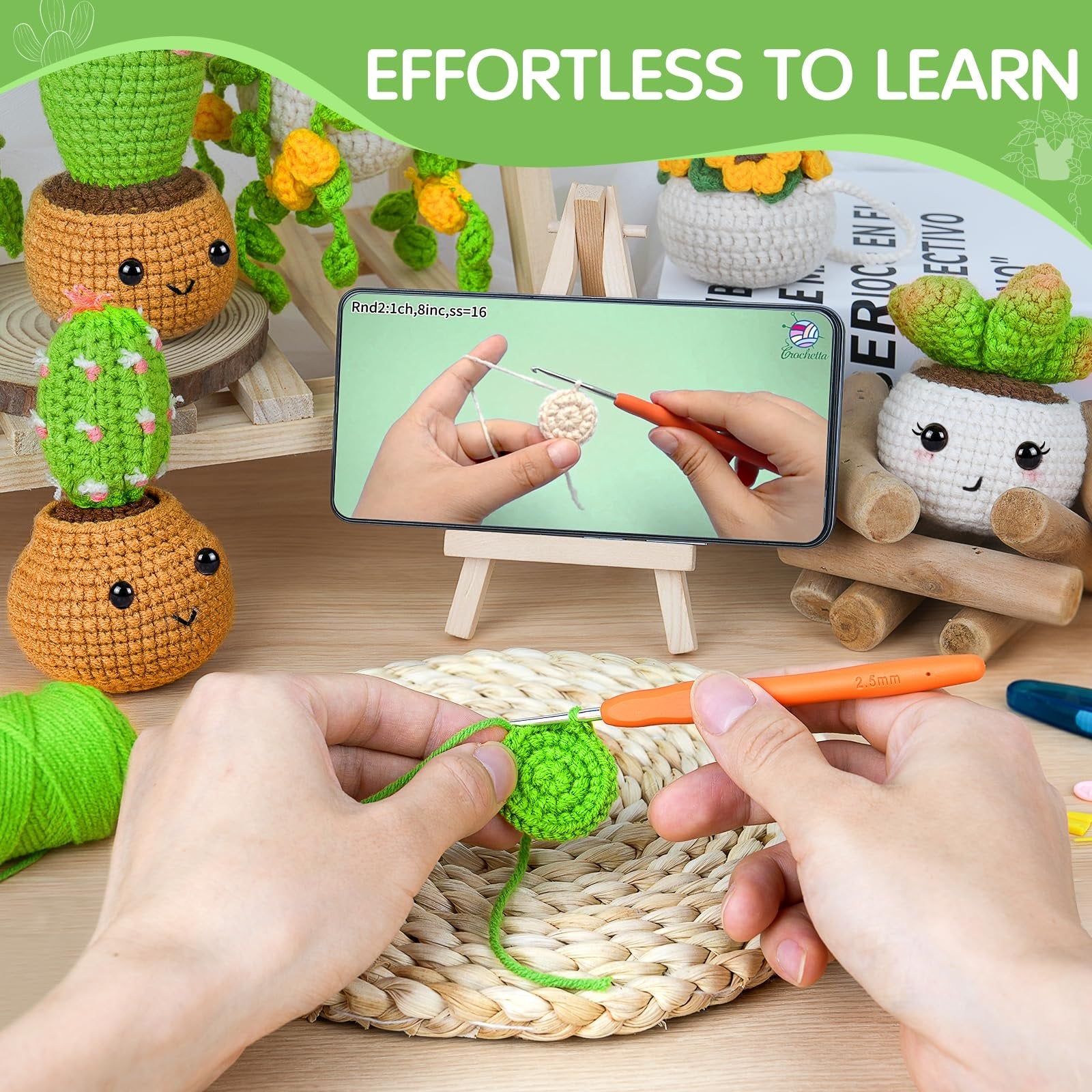 Crochet kit with hands crocheting a green circle, a phone showing a tutorial, and potted plant figures.