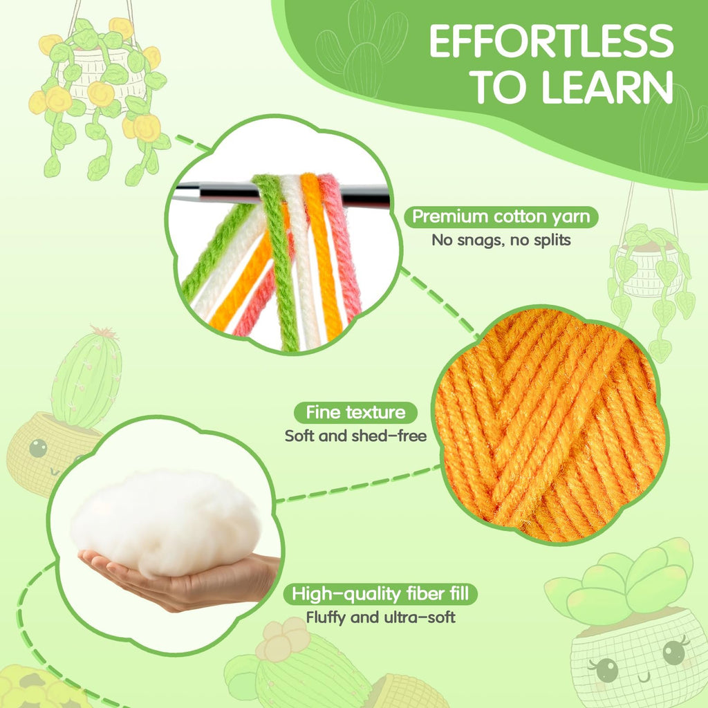 Crochet kit components including yarn, fiber fill, and illustrations of potted plants.