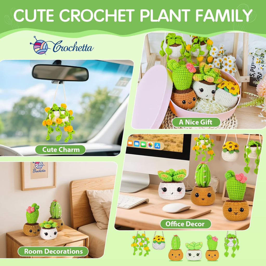 Collage of crocheted potted plant decorations in various settings, including a car, desk, and nightstand.