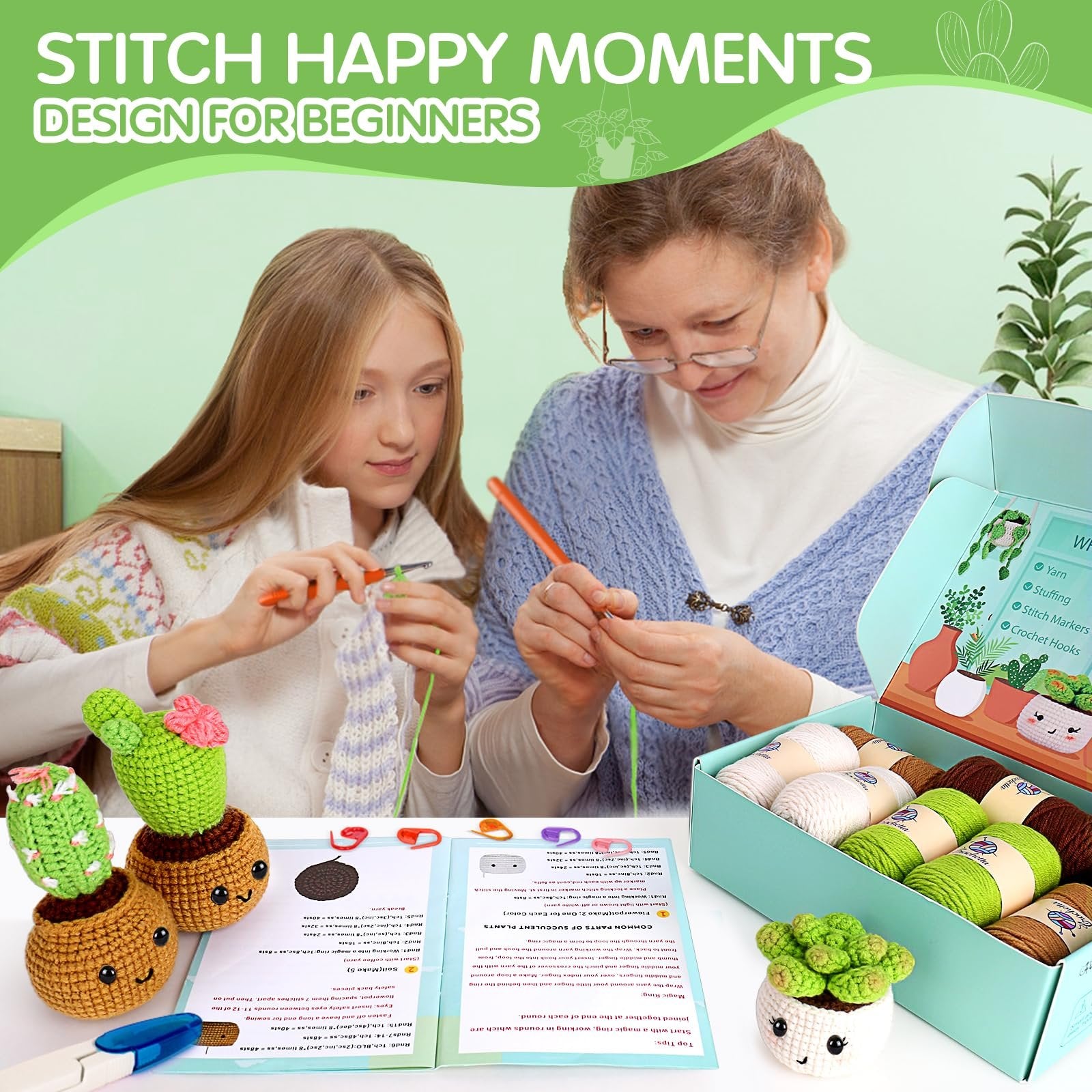 Woman and girl crocheting together, with a crochet kit box and finished potted plant figures on a table.