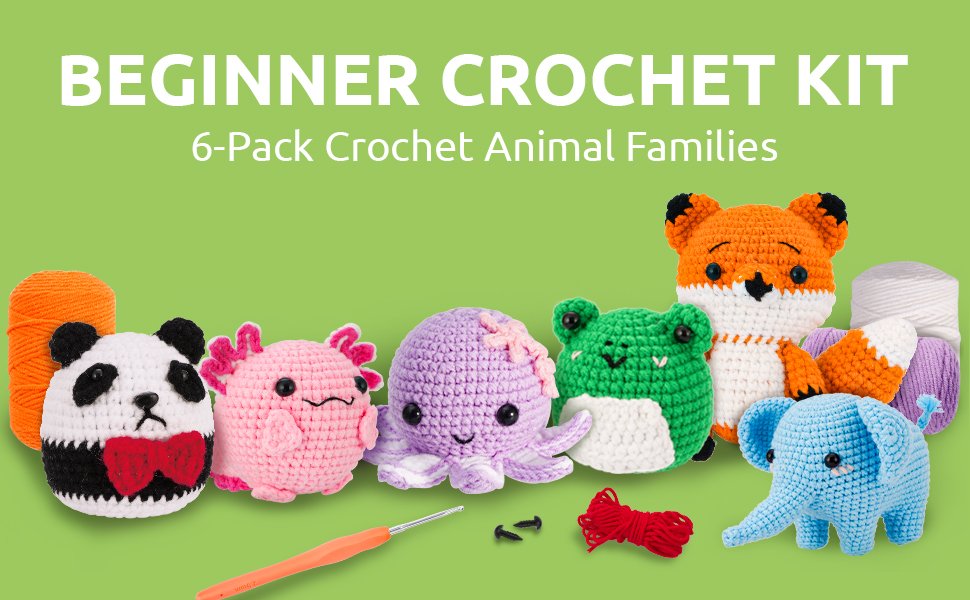 Crochet kit contents including 6 amigurumi animals, yarn, and crochet hook on a green background.