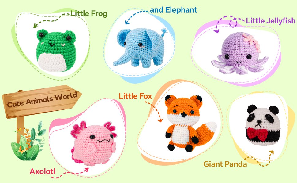 Crocheted animals including a frog, elephant, jellyfish, axolotl, fox, and panda, with labels and a wooden sign.