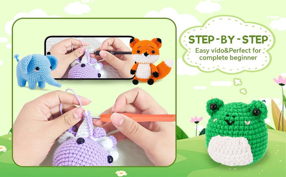 Crochet kit contents including a blue elephant, fox, frog, and hands crocheting a purple unicorn.