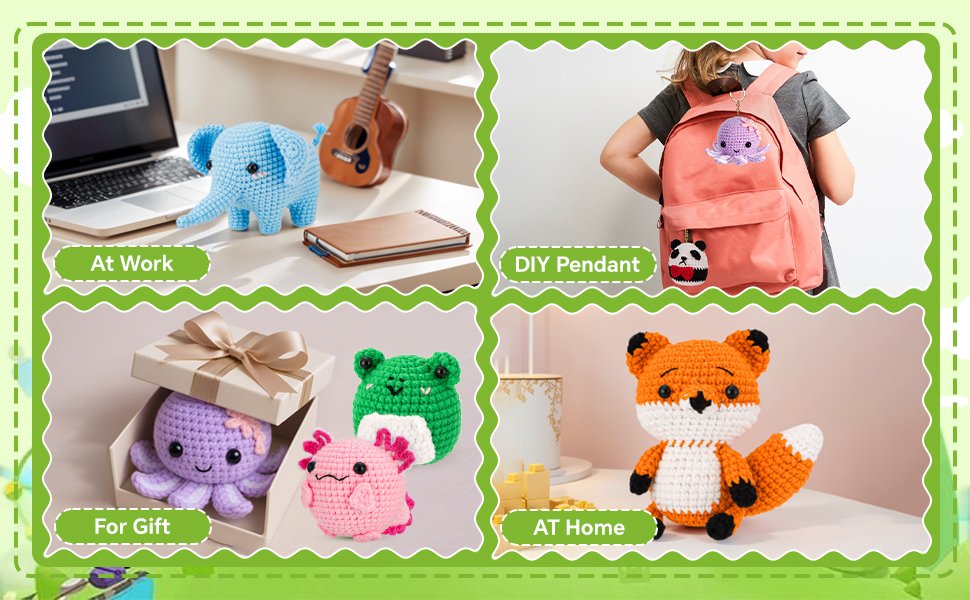 Collage of crocheted animals: elephant on desk, octopus and axolotl in gift box, fox on shelf, and octopus/panda charms on backpack.