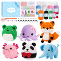 Crochet kit contents including yarn, hooks, safety eyes, and finished amigurumi animals like a frog, octopus, fox, axolotl, panda, and elephant.