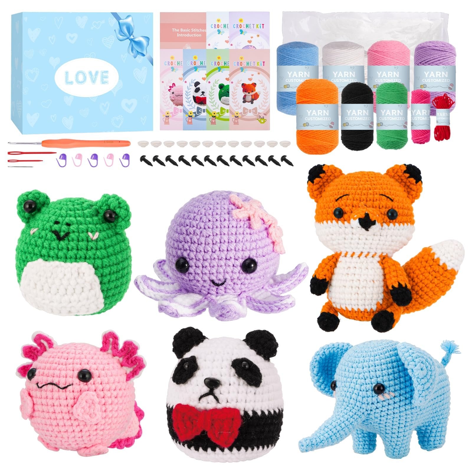 Crochet kit contents including yarn, hooks, safety eyes, and finished amigurumi animals like a frog, octopus, fox, axolotl, panda, and elephant.