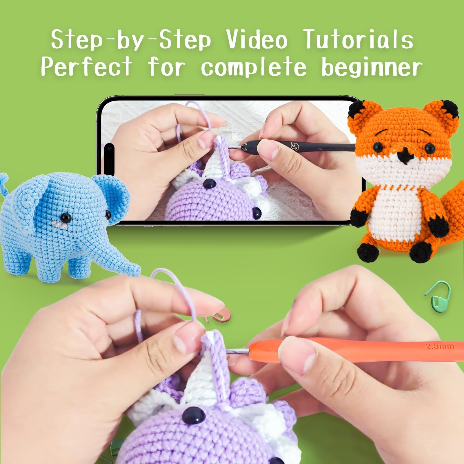 Crochet kit with finished blue elephant, orange fox, and hands crocheting a purple unicorn, plus a smartphone showing tutorial.