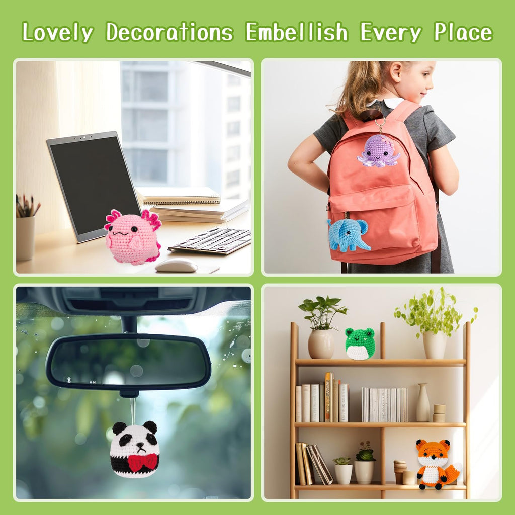 Collage of crocheted animal keychains: axolotl on desk, octopus and elephant on backpack, panda in car, frog and fox on shelf.