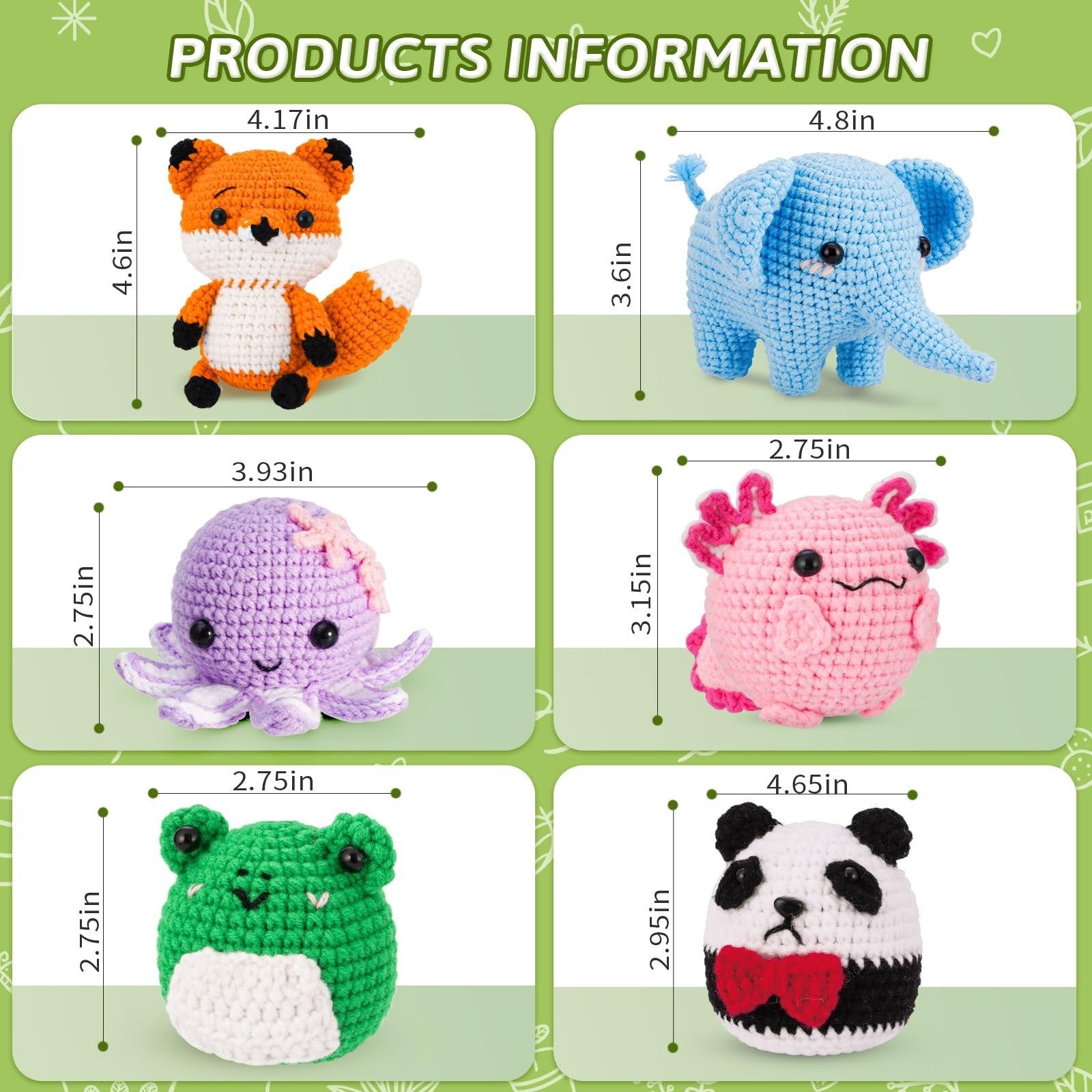 Six crocheted amigurumi animals including a fox, elephant, octopus, axolotl, frog, and panda, with dimensions shown.