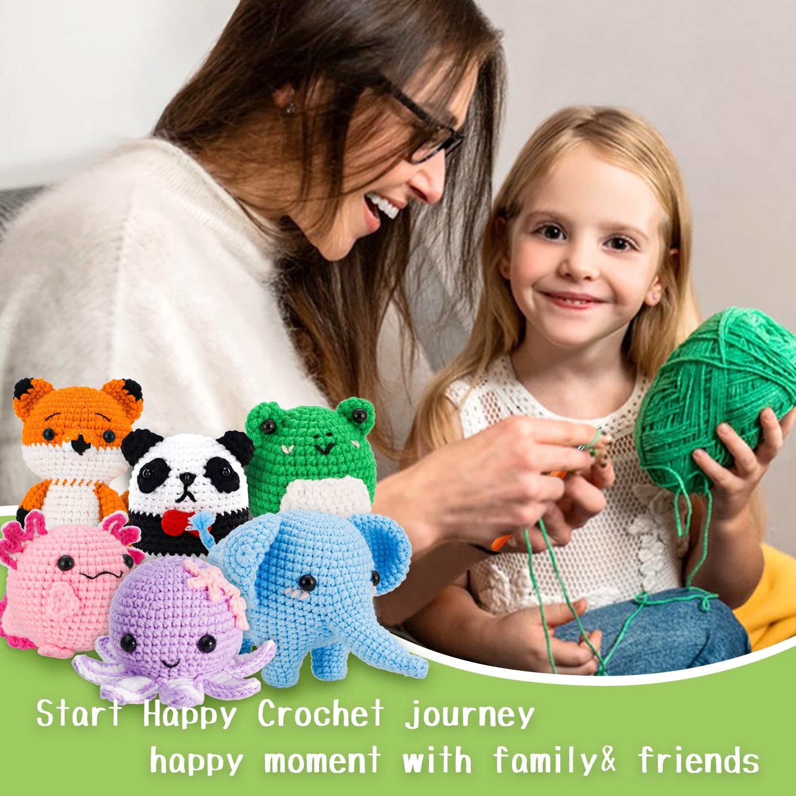 Woman and child crocheting with colorful yarn and finished amigurumi animals