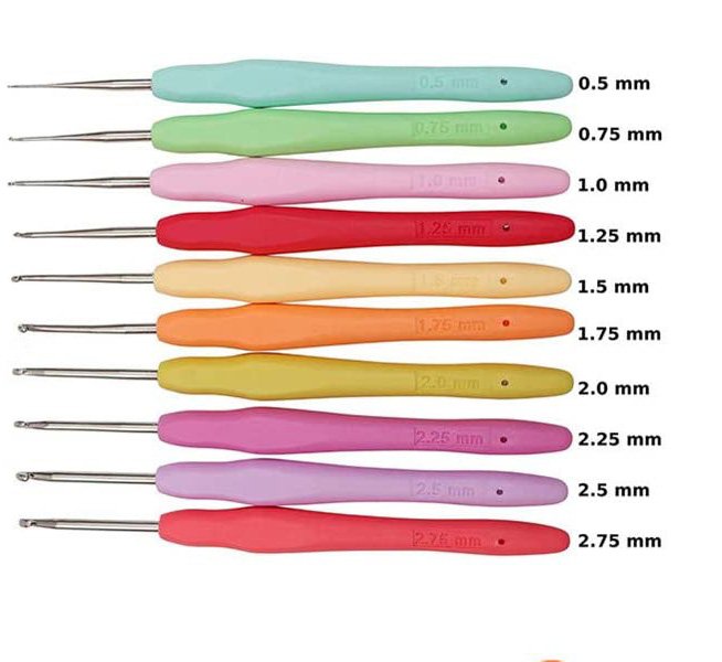 Set of crochet hooks in various sizes and colors, each labeled with its millimeter measurement.