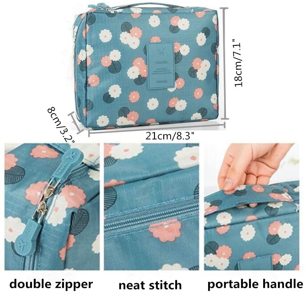 Blue floral travel organizer bag showing dimensions and close-ups of zipper, stitching, and handle.