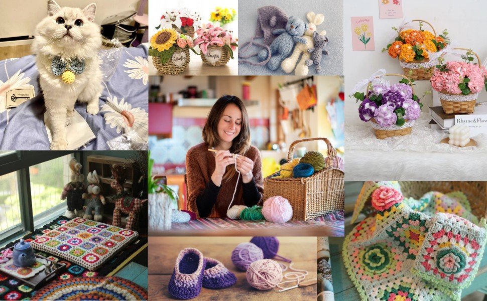 Collage of crochet crafts including a cat, flowers in baskets, stuffed animals, a woman crocheting, and baby booties.