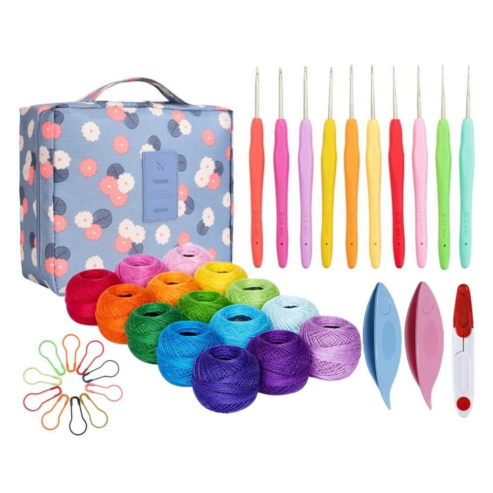 Crochet thread kit with colorful cotton thread balls, lace crochet hooks, tatting shuttles, stitch markers, and storage bag.
