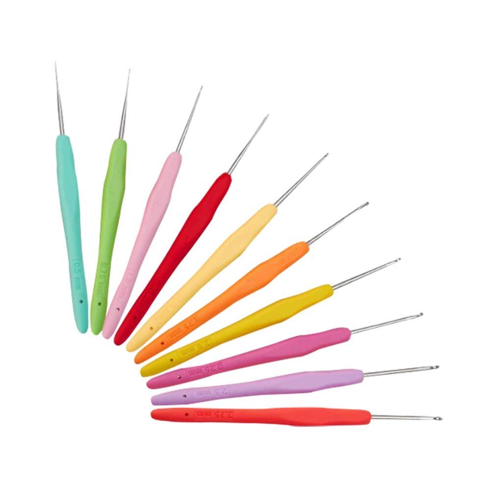 Set of 10 colorful crochet hooks with metal tips arranged in a fan shape on a white background.